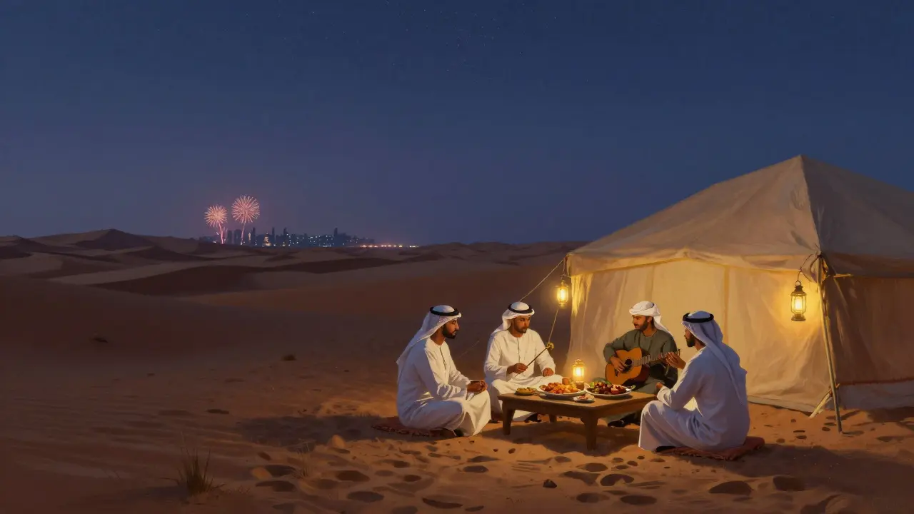 Desert celebration under stars with Bedouin tent, lanterns, and distant Dubai skyline fireworks.