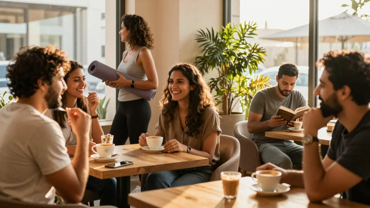 Diverse people connecting warmly in a Dubai café during golden hour, no phones, just quiet human interaction.