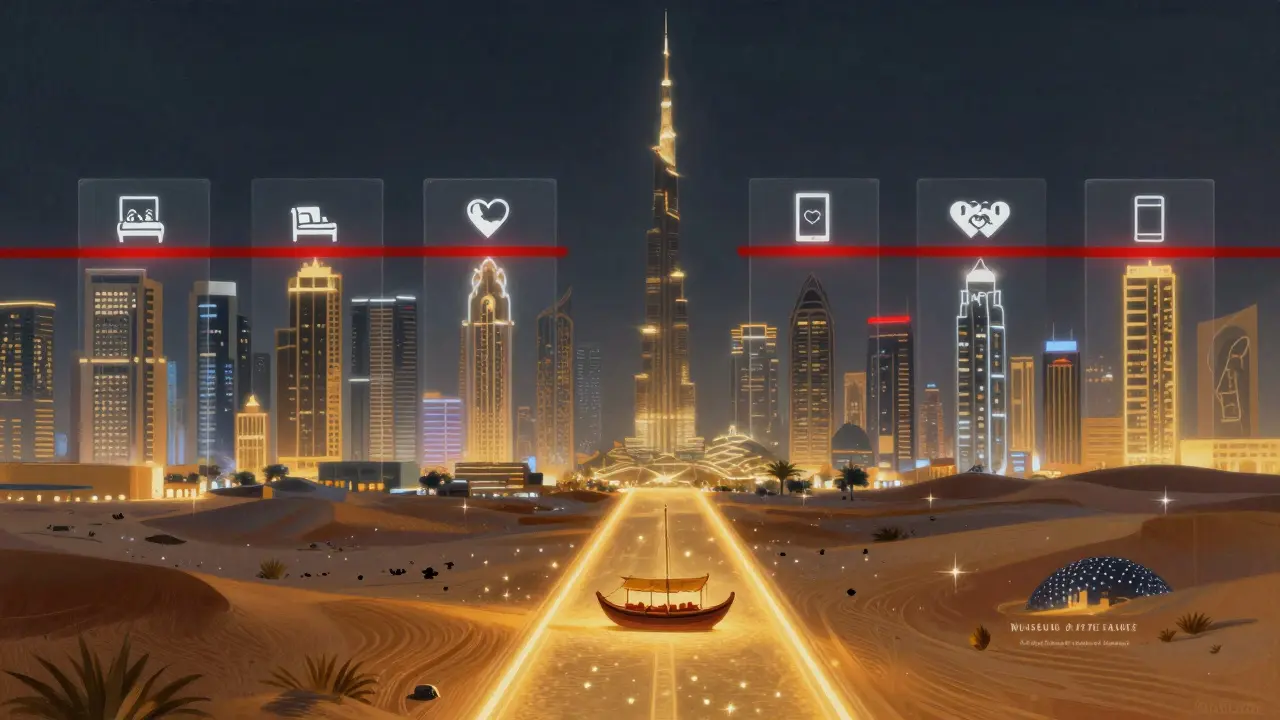 Dubai cityscape with legal boundaries blocking risky behaviors, golden paths leading to cultural experiences instead.