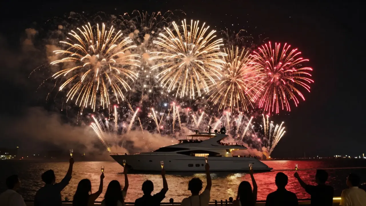 Fireworks exploding over a yacht at night as guests cheer on the deck.