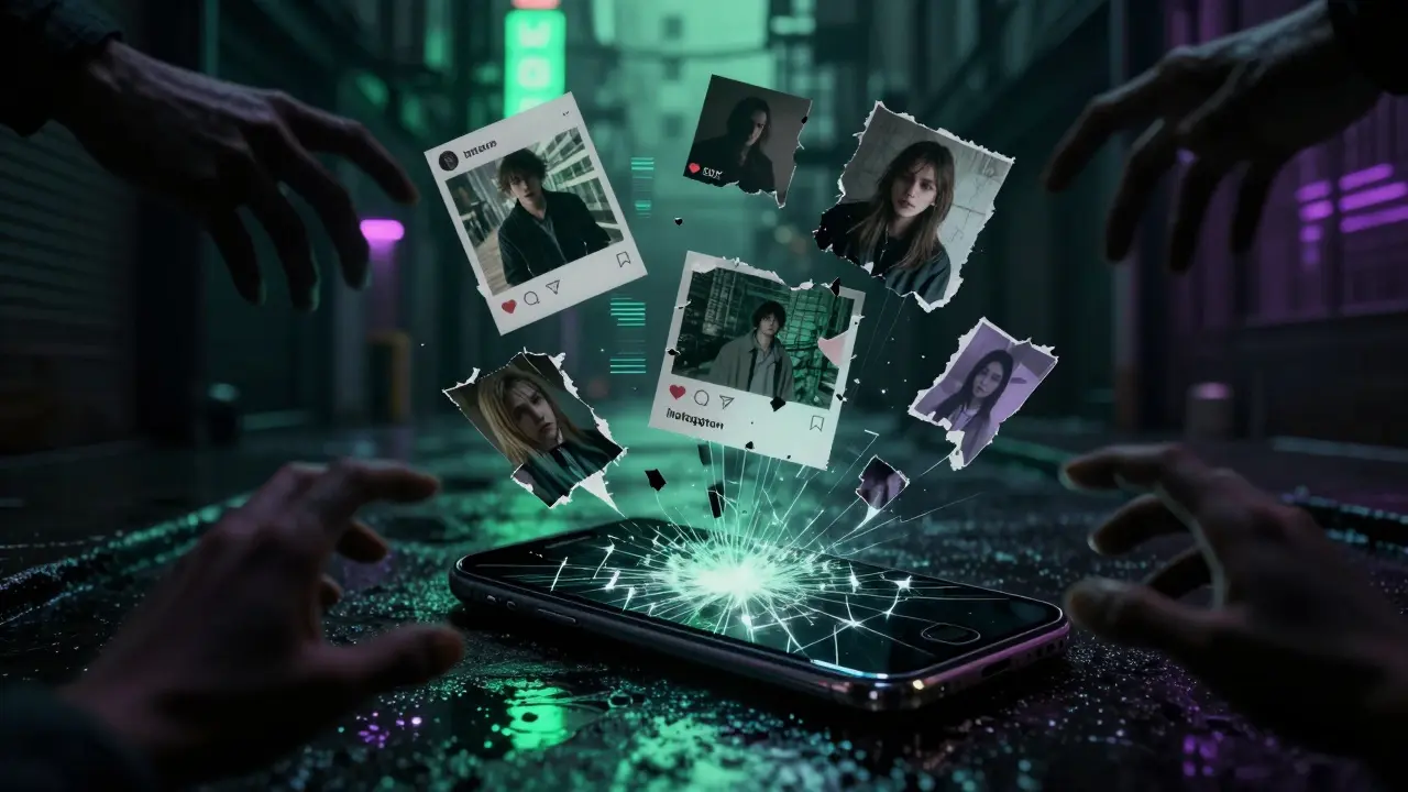 Floating stolen photos dissolving into digital static above a cracked phone, symbolizing online scams and identity theft.