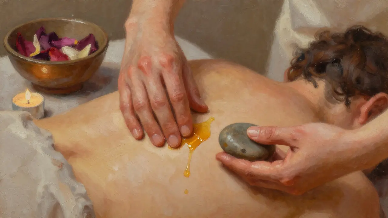 Hands performing slow, therapeutic touch with herbal oil and a warm stone on a person's back.