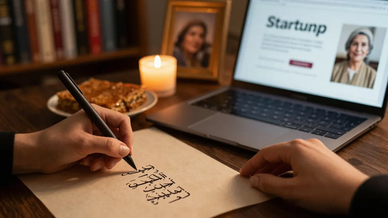Hands writing poetry beside a plate of knafeh and a glowing laptop.