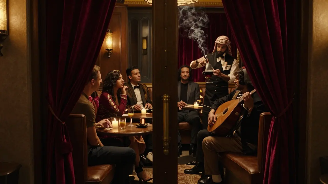 Intimate speakeasy interior with candlelight, live music, and guests in quiet conversation.