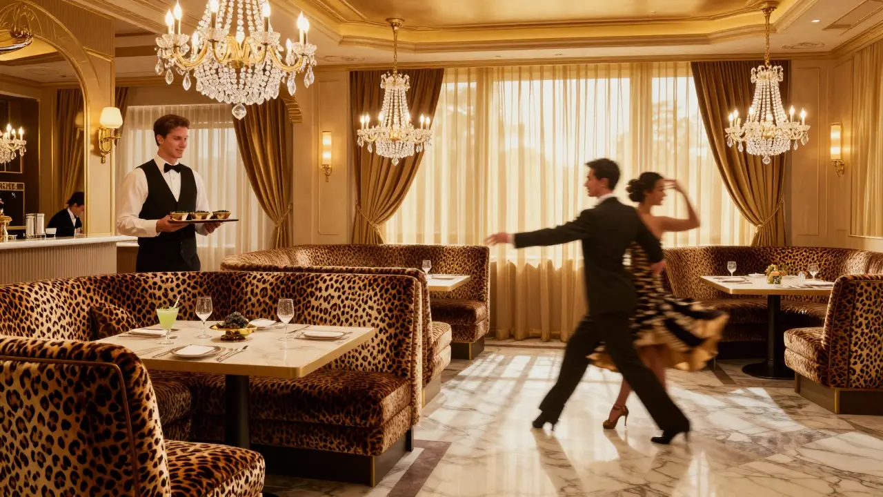 Luxurious Cavalli Club interior with leopard-print booths and crystal chandeliers.