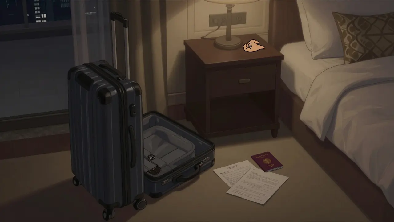 Luxury hotel room in Dubai with wedding ring and passport visible, no romantic activity, atmosphere of quiet legality.