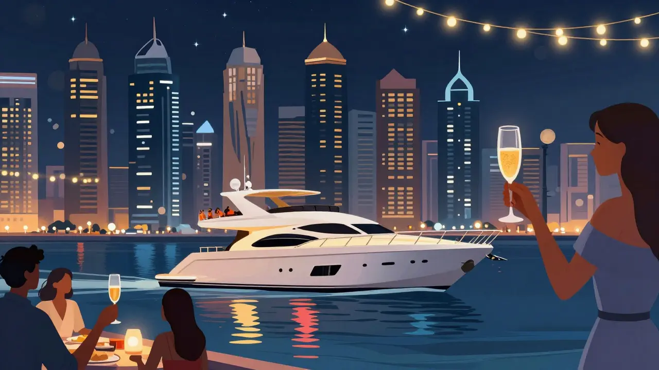 Luxury yacht party on Dubai Marina at night with friends toasting and city lights reflecting on water.