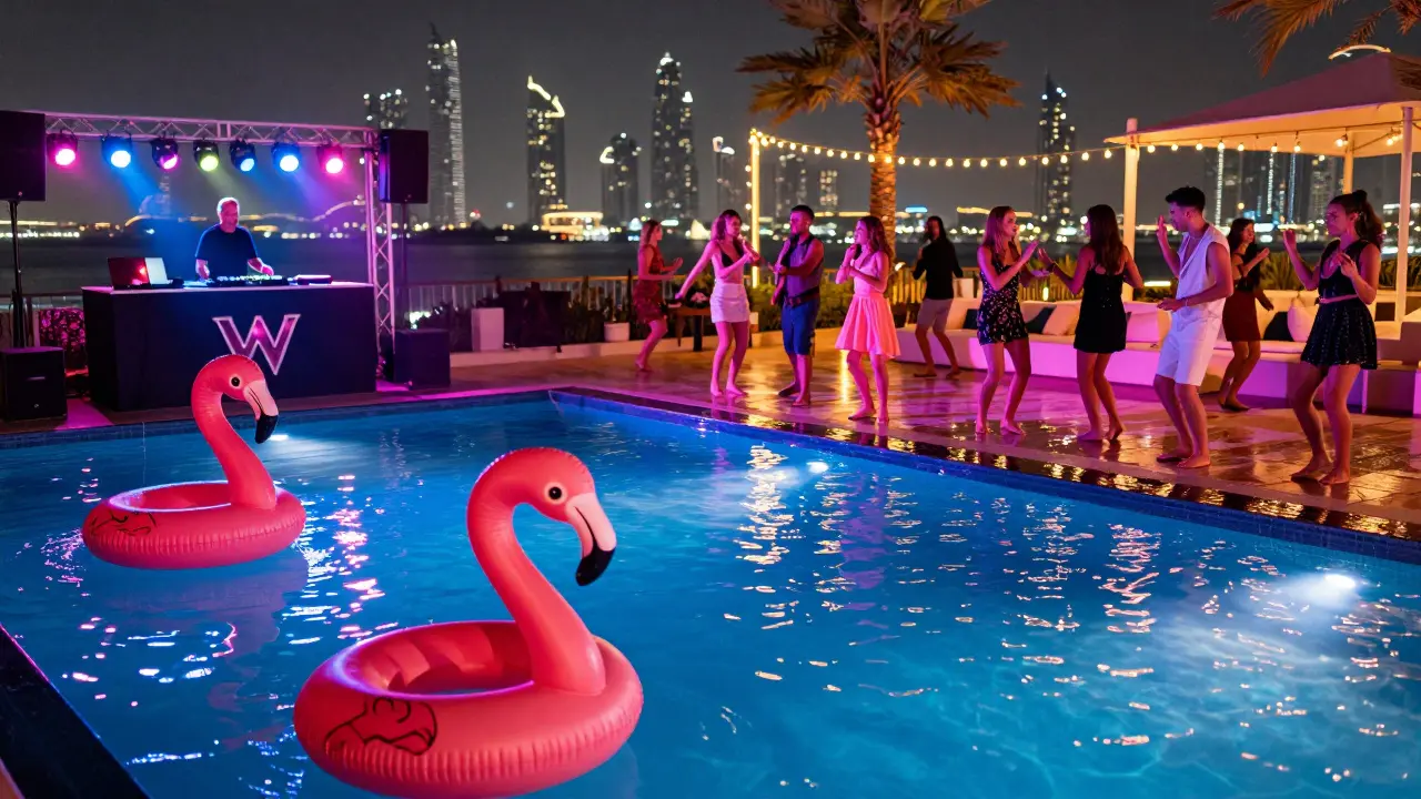 Neon-lit pool dance floor at W Dubai with flamingo floaties and guests dancing under string lights.