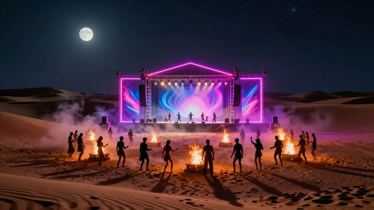 People dancing in a desert rave under stars with neon stage and fire pits.