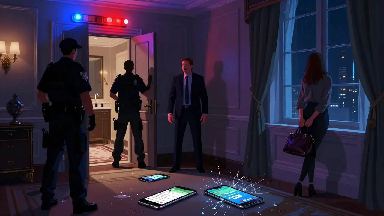 Police officers entering a hotel room at night, a man stunned, a woman gathering her belongings, emergency lights flashing.