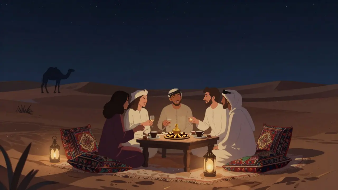 Private desert dinner under starry skies with traditional Arabic treats and lantern glow.