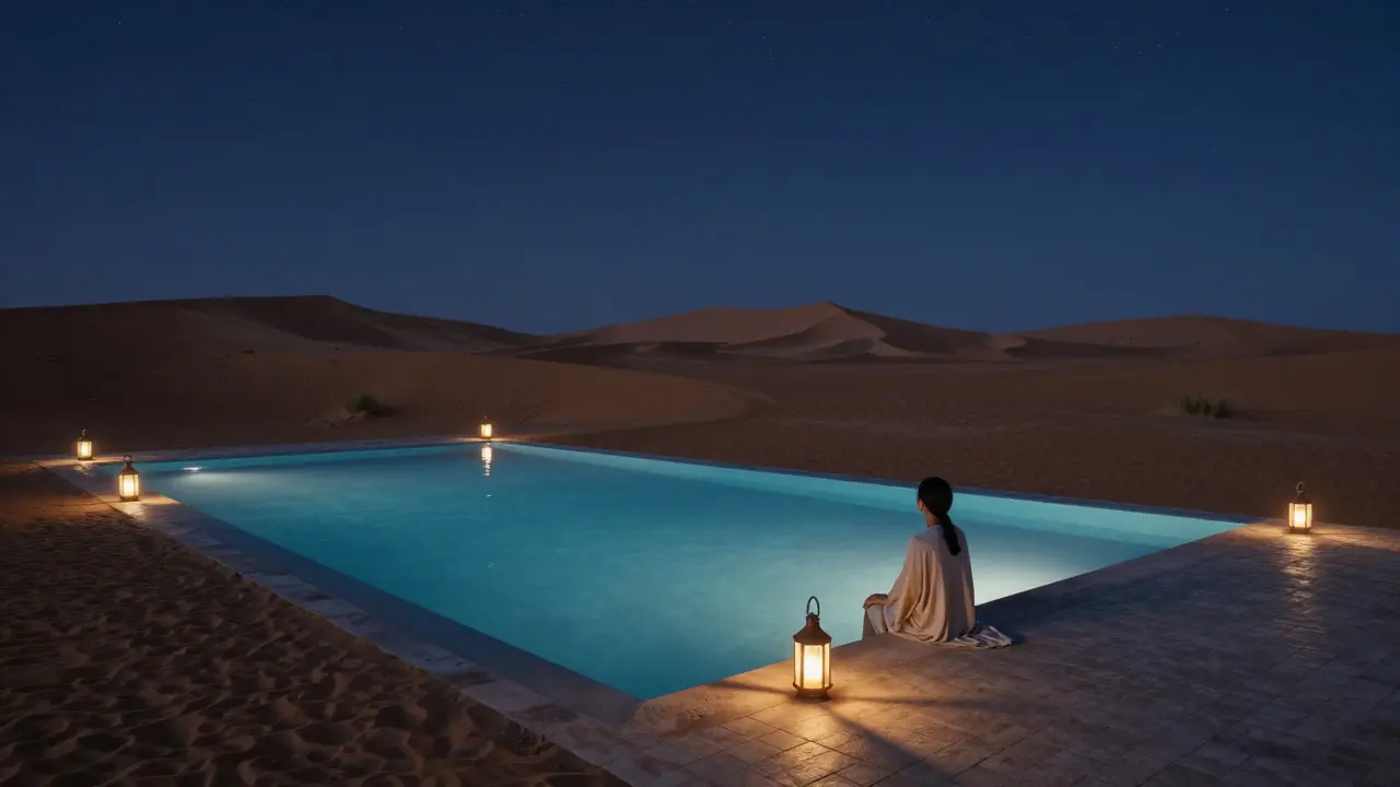 Quiet desert infinity pool at Al Faya Lodge under a starry sky with soft lantern glow.