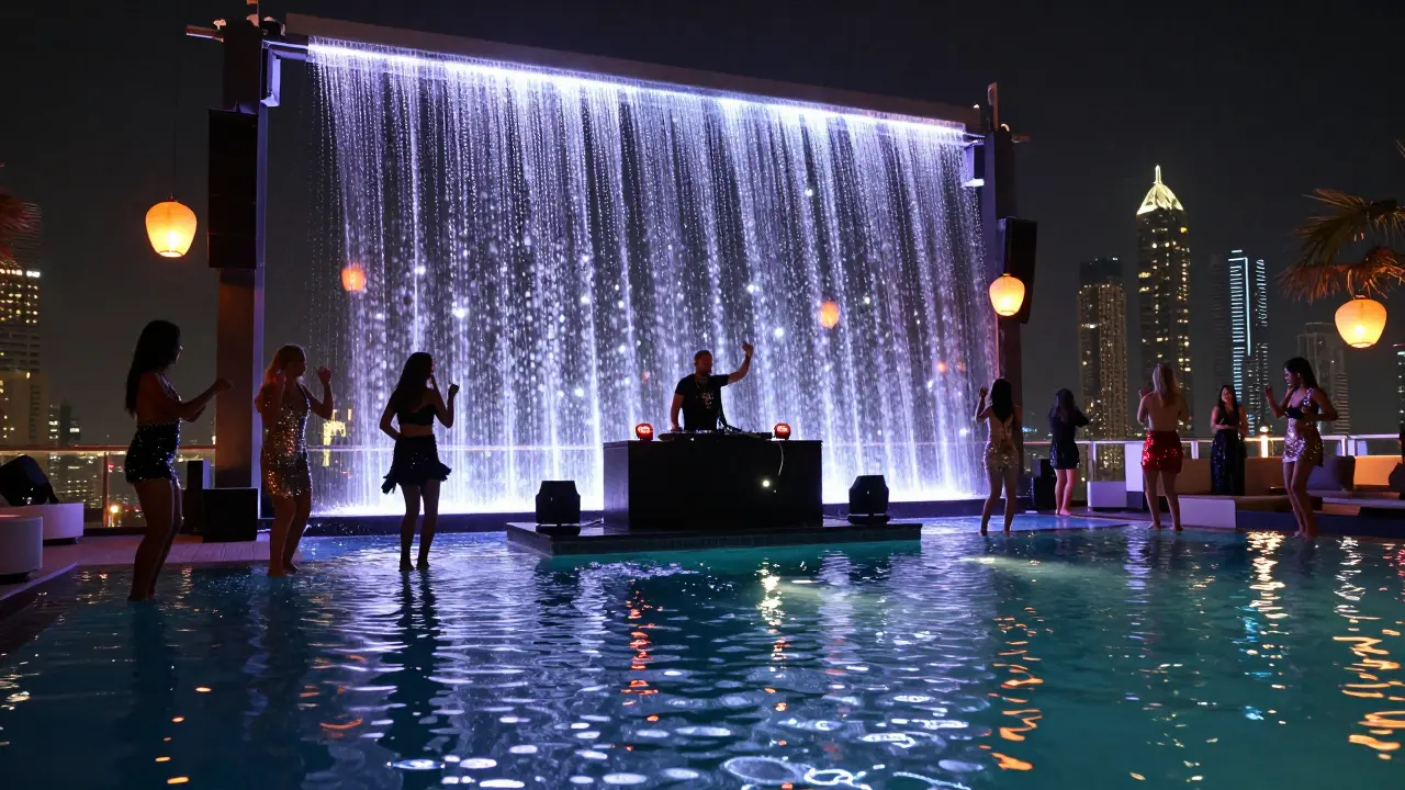 Rooftop pool at Reina nightclub turned into a glowing dance floor under LED waterfall.