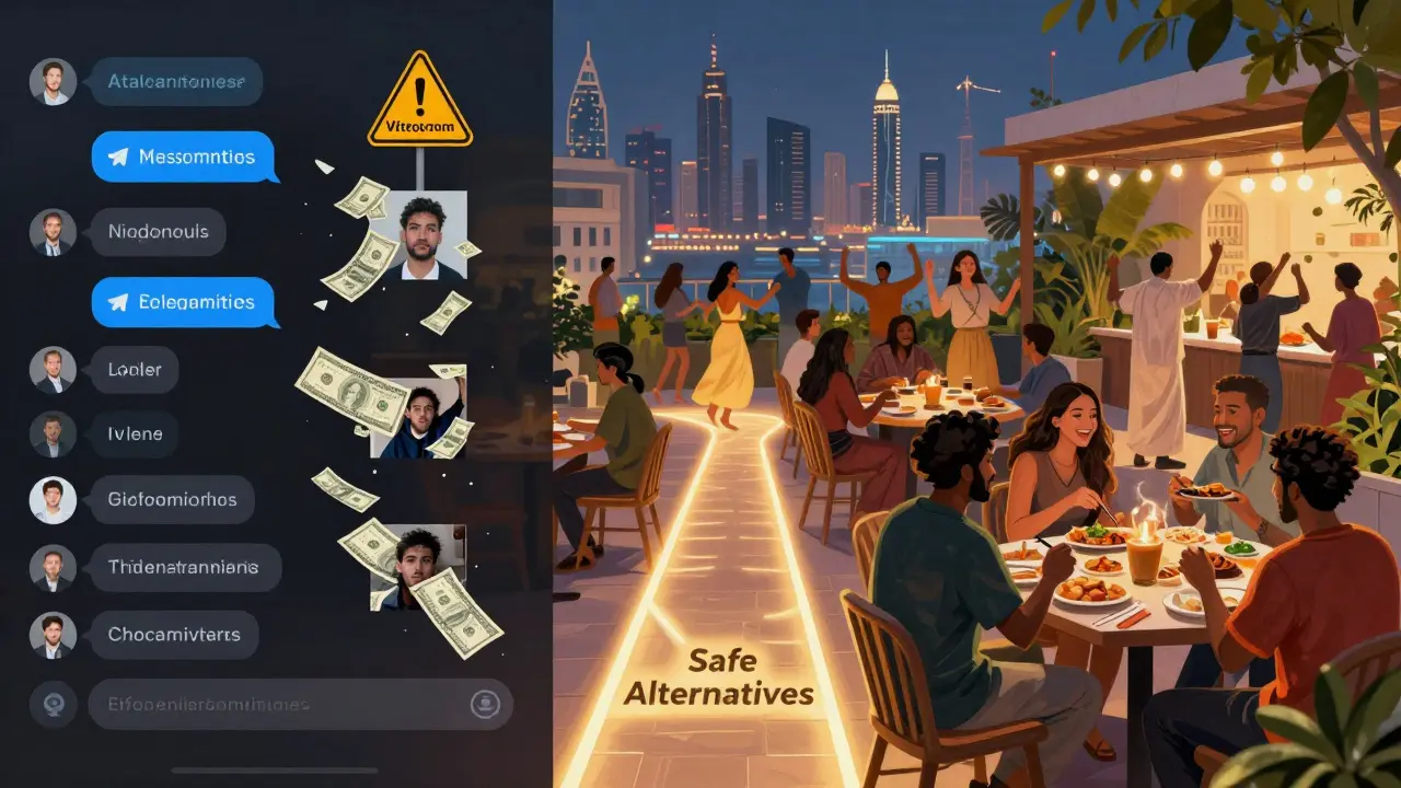 Split image: illegal escort scams on the left, legal social events like book clubs and rooftop gatherings on the right.