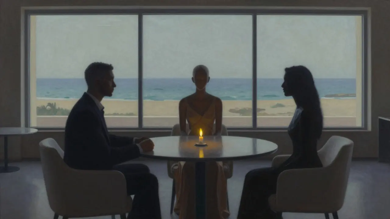 Three abstract figures sit at a quiet lounge table overlooking the Gulf, symbolizing connection and emotional presence.