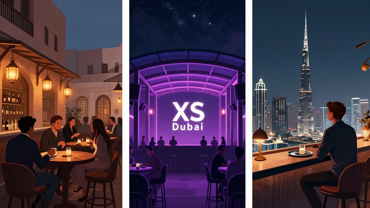 Three scenes of Dubai nightlife: jazz bar, neon club, and luxury skybar overlooking the city.
