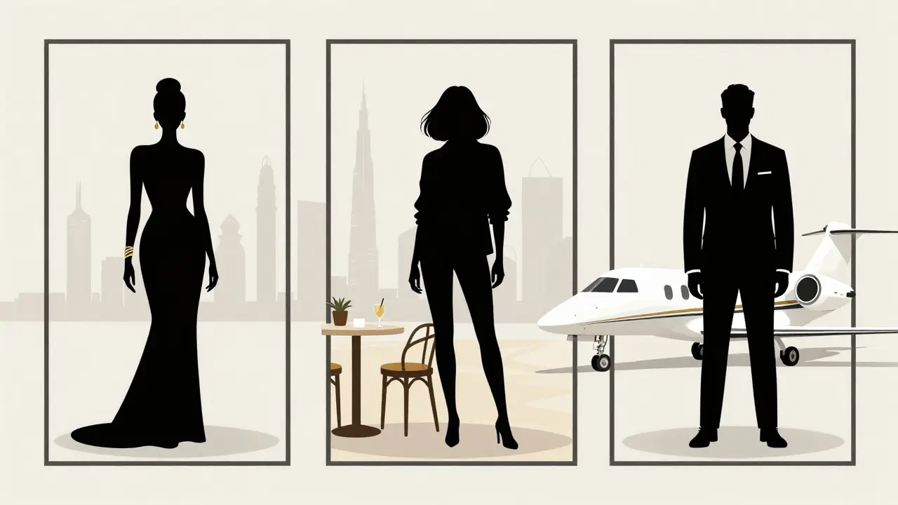 Three silhouette archetypes of Euro models representing high-end, casual, and event companions in Dubai.