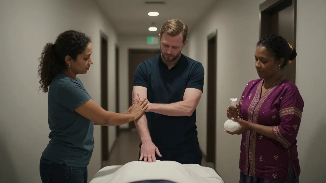 Three therapists from different cultures—Brazilian, Russian, and Thai—each using distinct massage techniques in a Dubai spa.