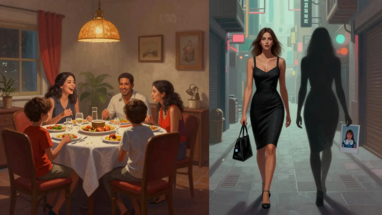 Two parallel scenes: a warm family dinner and a solitary woman in a neon alley, her shadow split between home and work life.