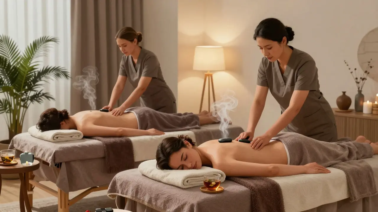 Two people enjoy side-by-side home massages in a modern apartment with soft lighting and tranquil decor.