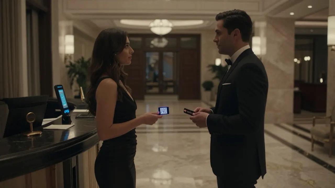 Two people meet silently in a luxury hotel lobby as a facial recognition scanner activates.