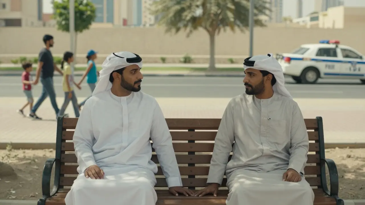 Two people sitting far apart on a Dubai park bench, avoiding physical contact while a family walks nearby under strict social surveillance.