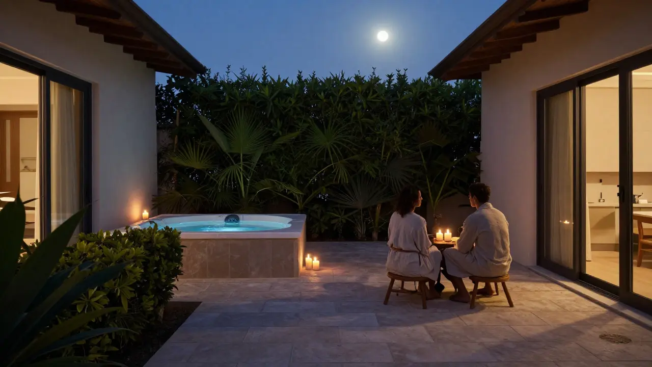 Two silhouettes relax in a candlelit private villa hot tub surrounded by greenery under moonlight, emphasizing privacy and calm.