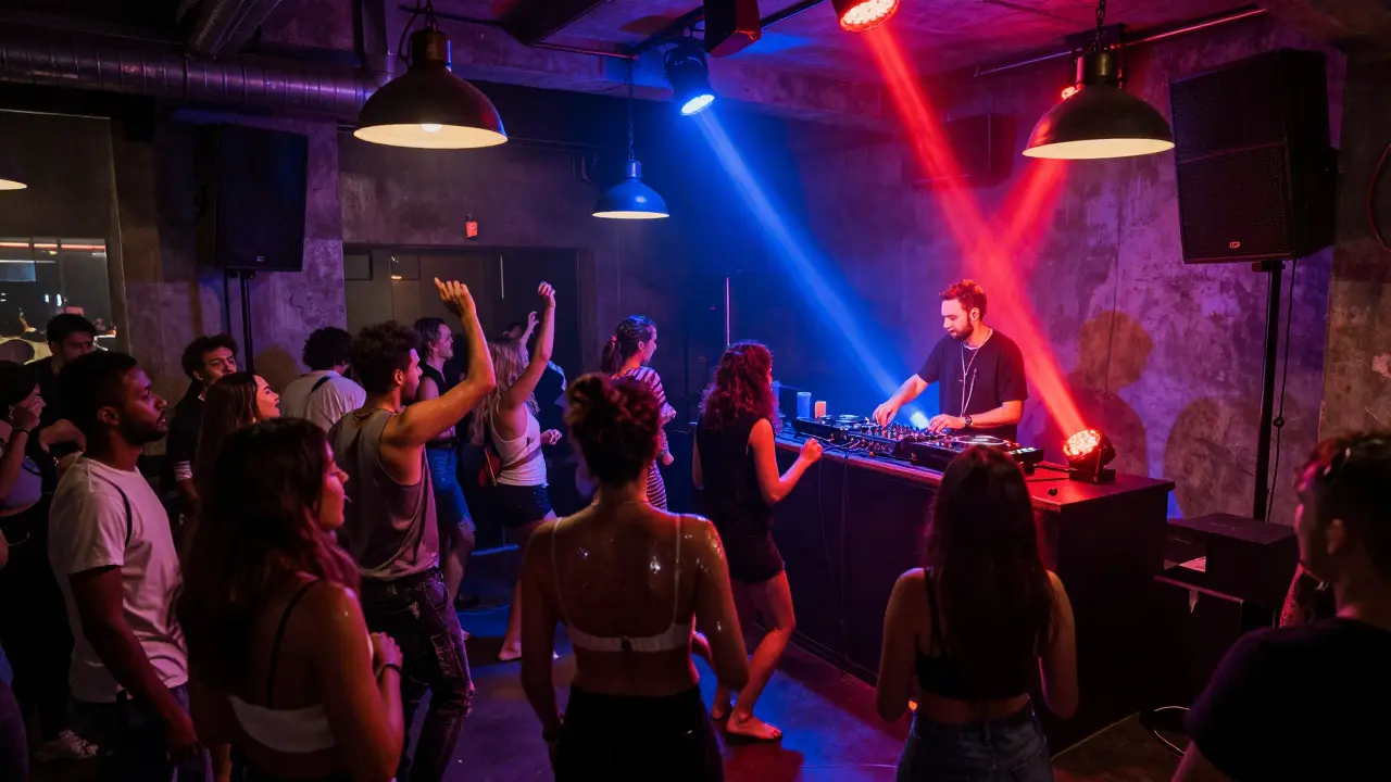 Underground club with raw concrete walls, neon lights, and dancers moving to intense bass beats.