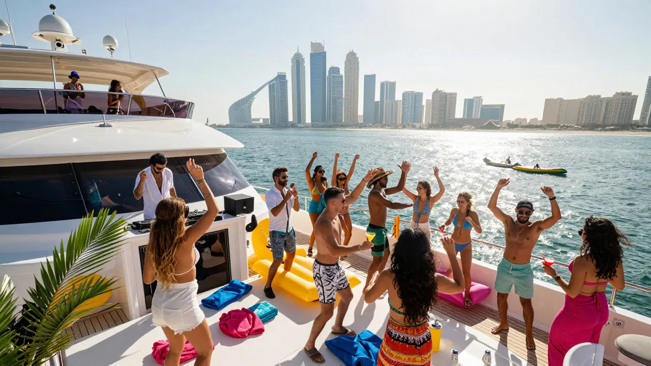 Vibrant daytime yacht party with DJ, inflatable floats, and guests dancing under the sun against Dubai’s skyline.