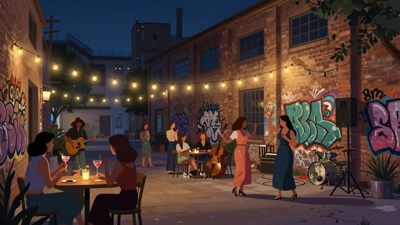 Women at Alserkal Avenue enjoying live jazz in a converted warehouse with string lights.