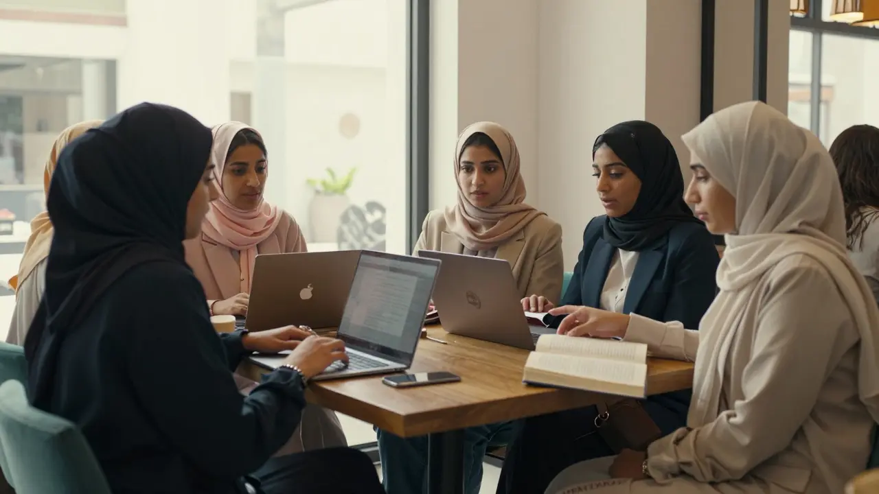 Young Emirati women discuss ideas at a café, laptops and books on the table.