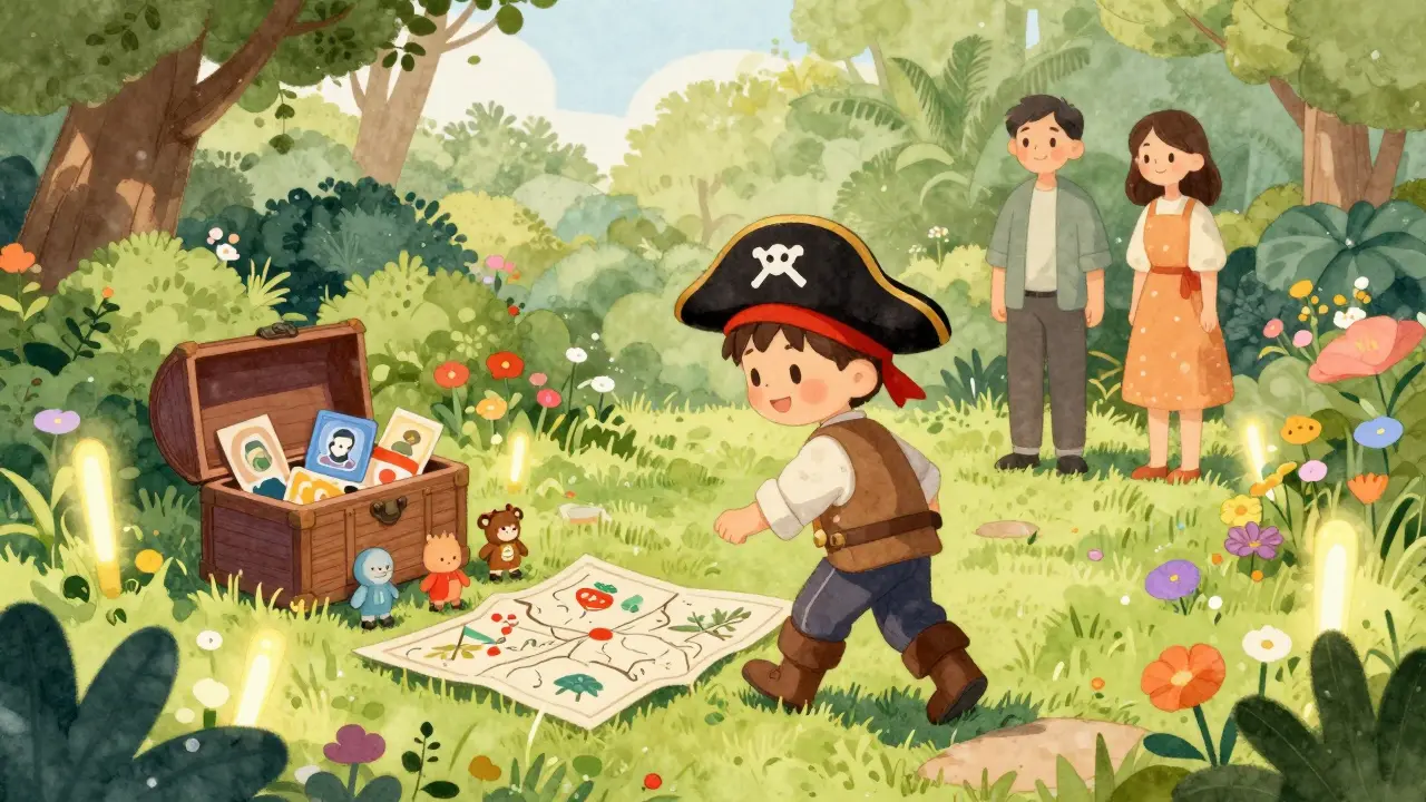 A child in a pirate hat following a map through a garden, discovering hidden treasures among flowers.