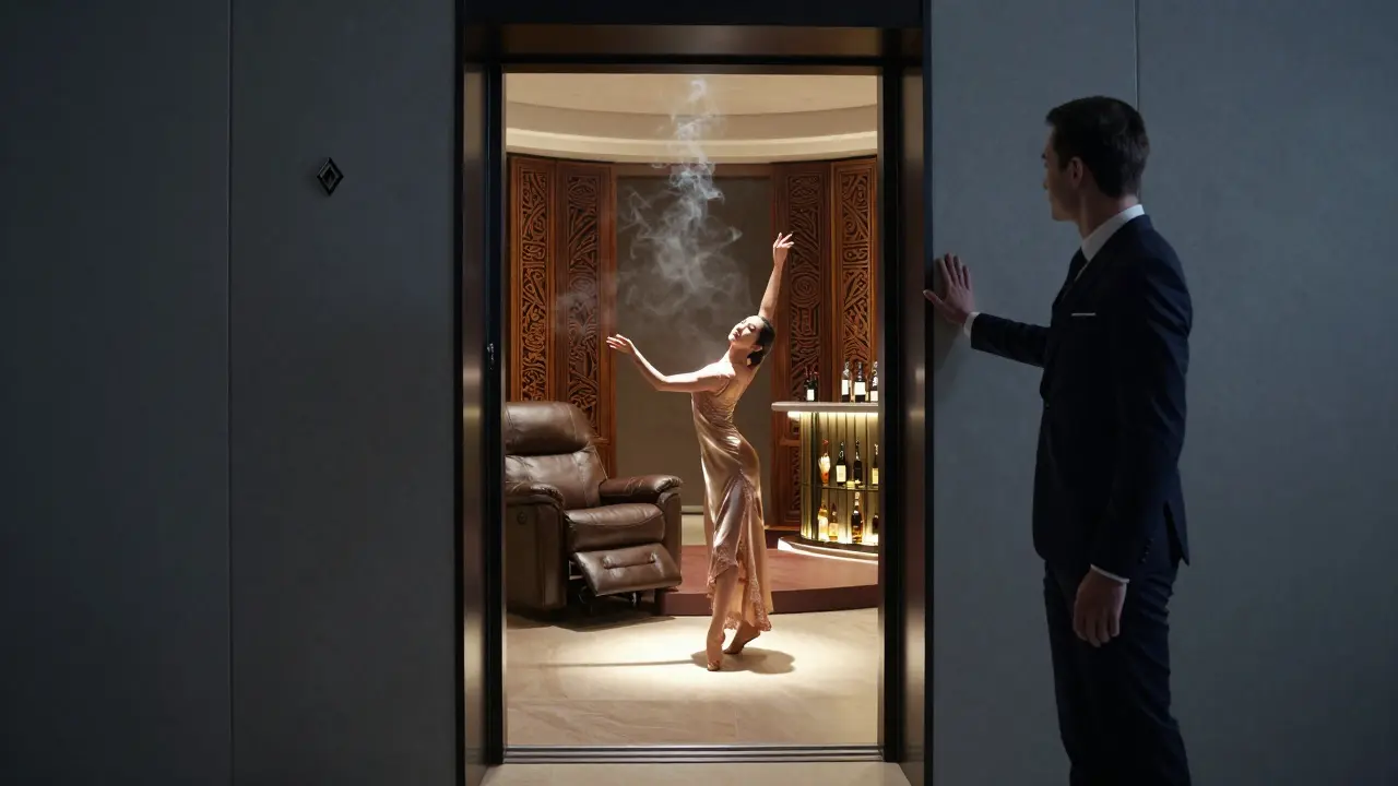 A discreet luxury suite with a host guiding a guest, silk screens, and a dancer poised under warm spotlight.