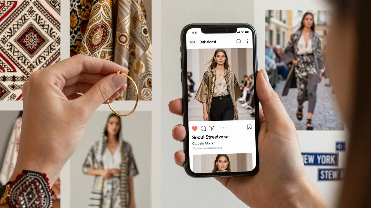 A hand holding gold earrings beside a phone, blending traditional and global fashion influences in soft focus.