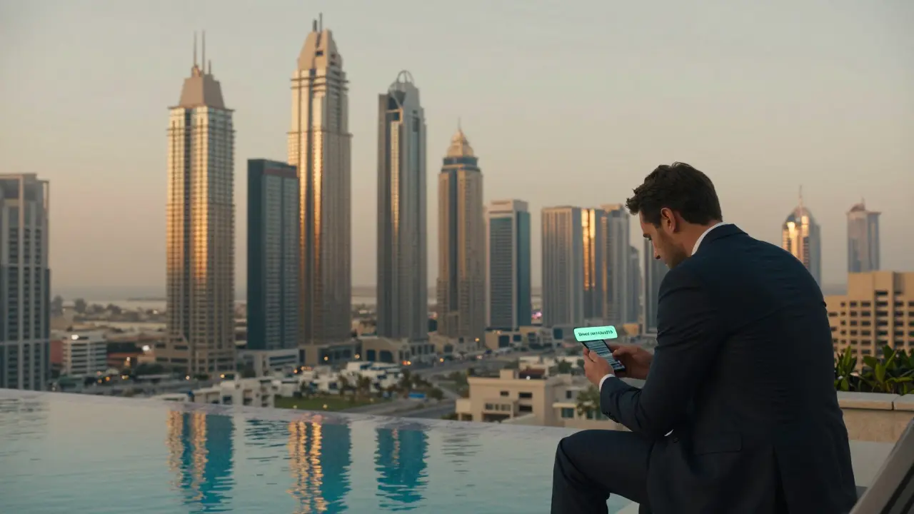 A man hesitates by a luxury hotel pool, staring at a phone with a risky message, Dubai’s glittering skyline behind him.