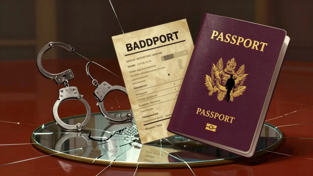 A passport floating above a cracked mirror reflecting three consequences: handcuffs, deportation notice, and a lonely traveler.