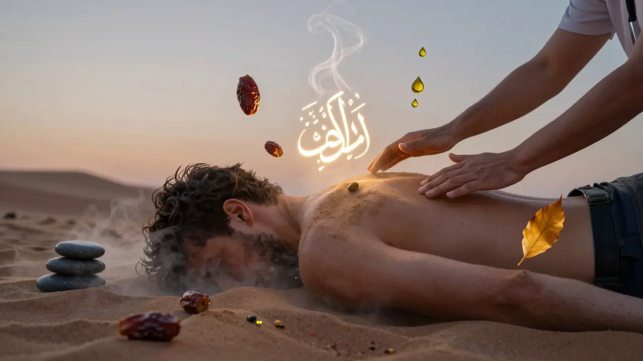 A person dissolving into desert mist and rosewater, symbolizing stress relief, with floating oils and stones.