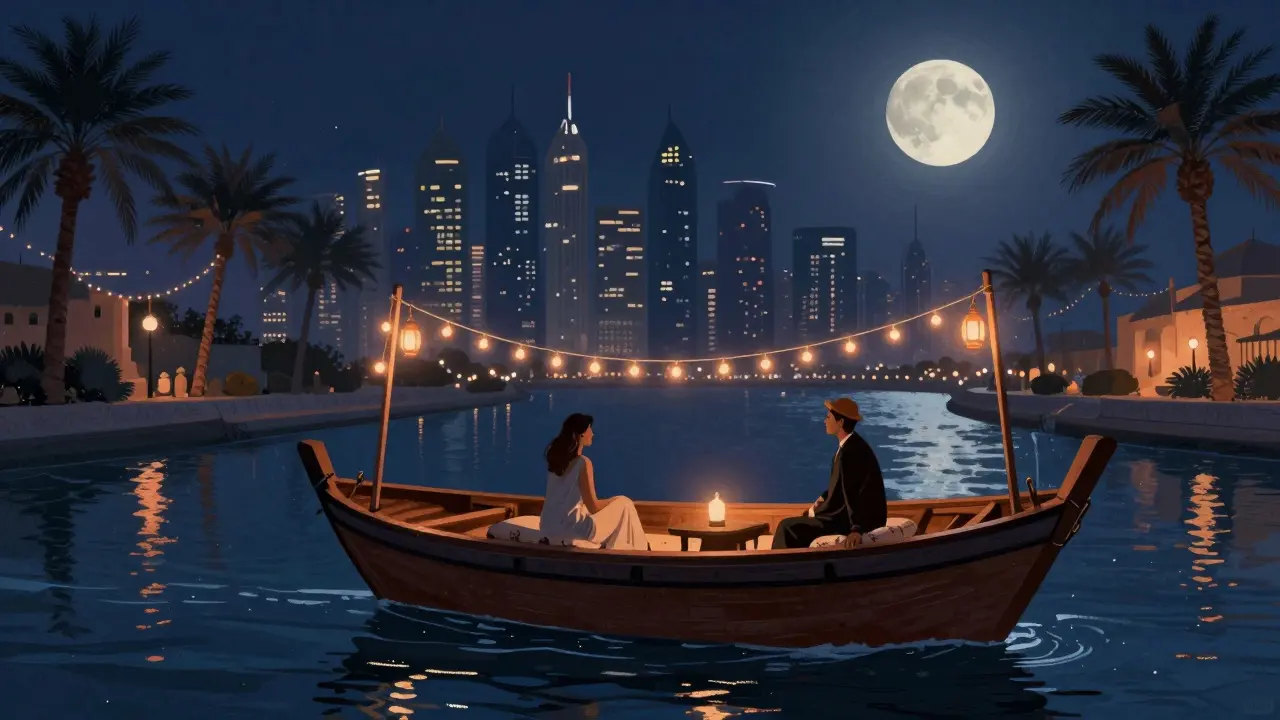 A private dhow cruise on Dubai Creek at midnight, lit by lanterns with the city skyline shimmering in the distance.