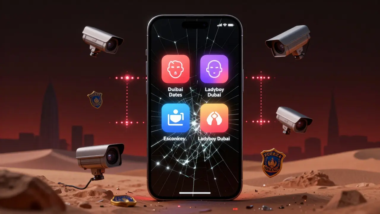 A smartphone screen shows illegal escort apps surrounded by surveillance symbols in a desert city.