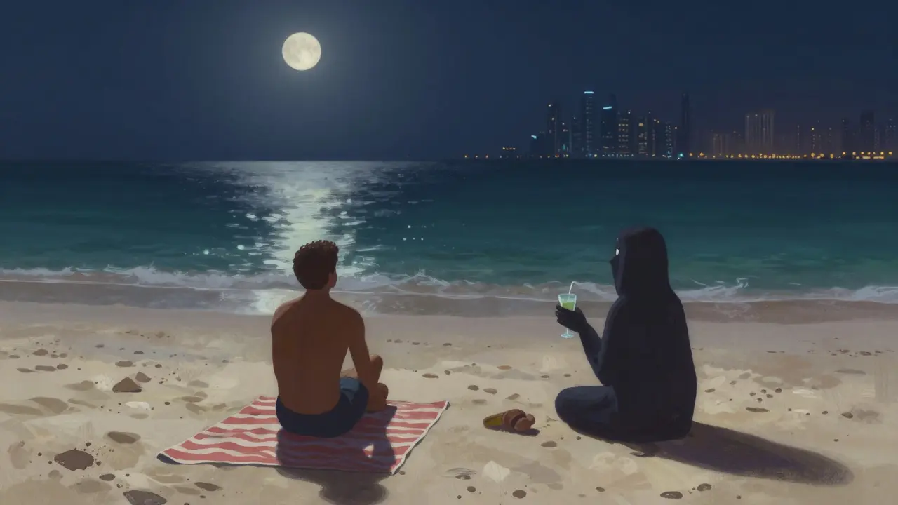 A solitary figure sits peacefully on a Dubai beach at night with a companion nearby, moonlight glows on the water.