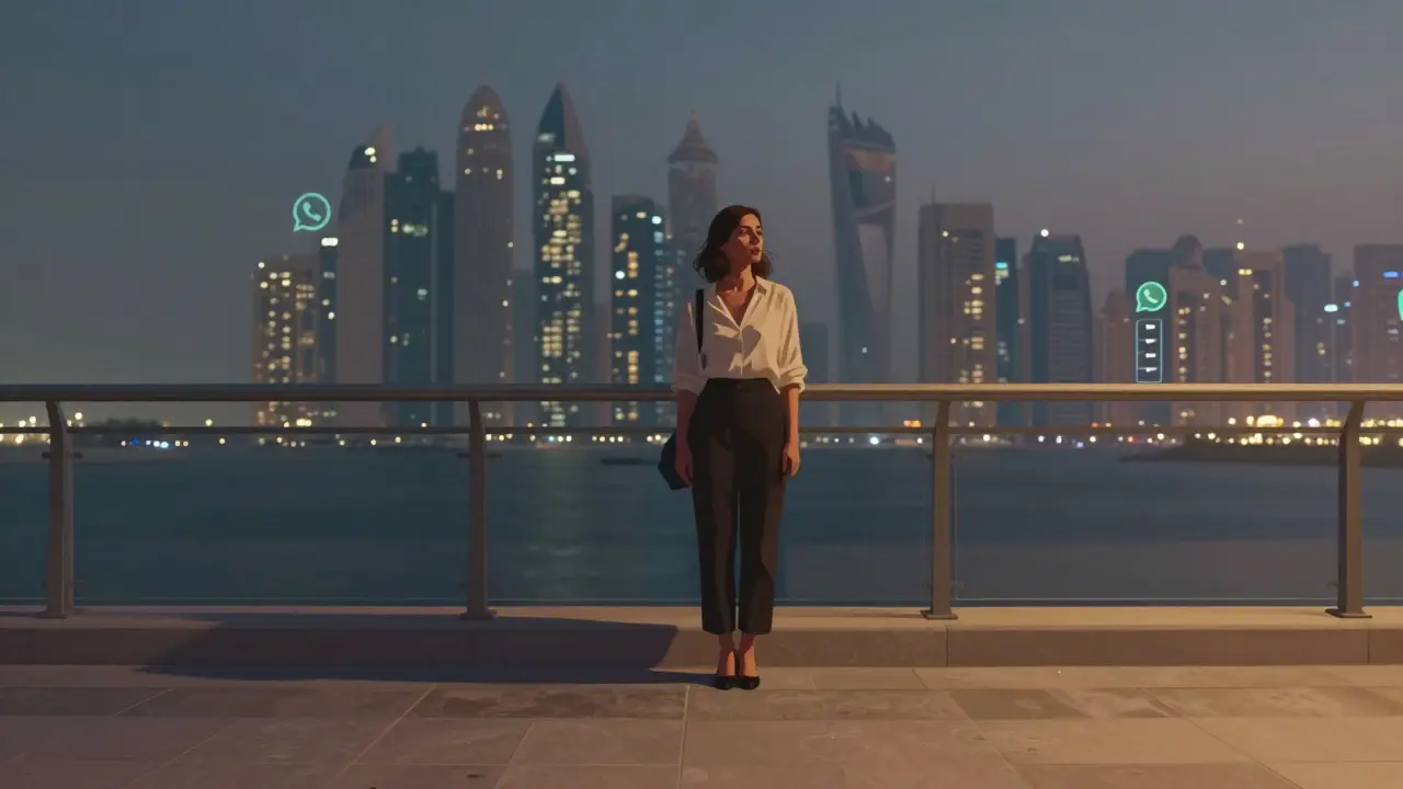 A solitary woman on a Dubai Marina balcony at dusk, gazing at the city with a somber expression.