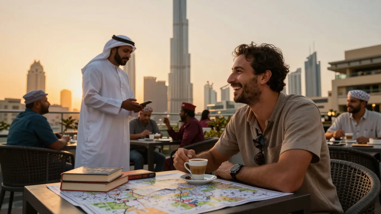 A solo traveler enjoying coffee with a local guide at a vibrant Dubai rooftop café at sunset.