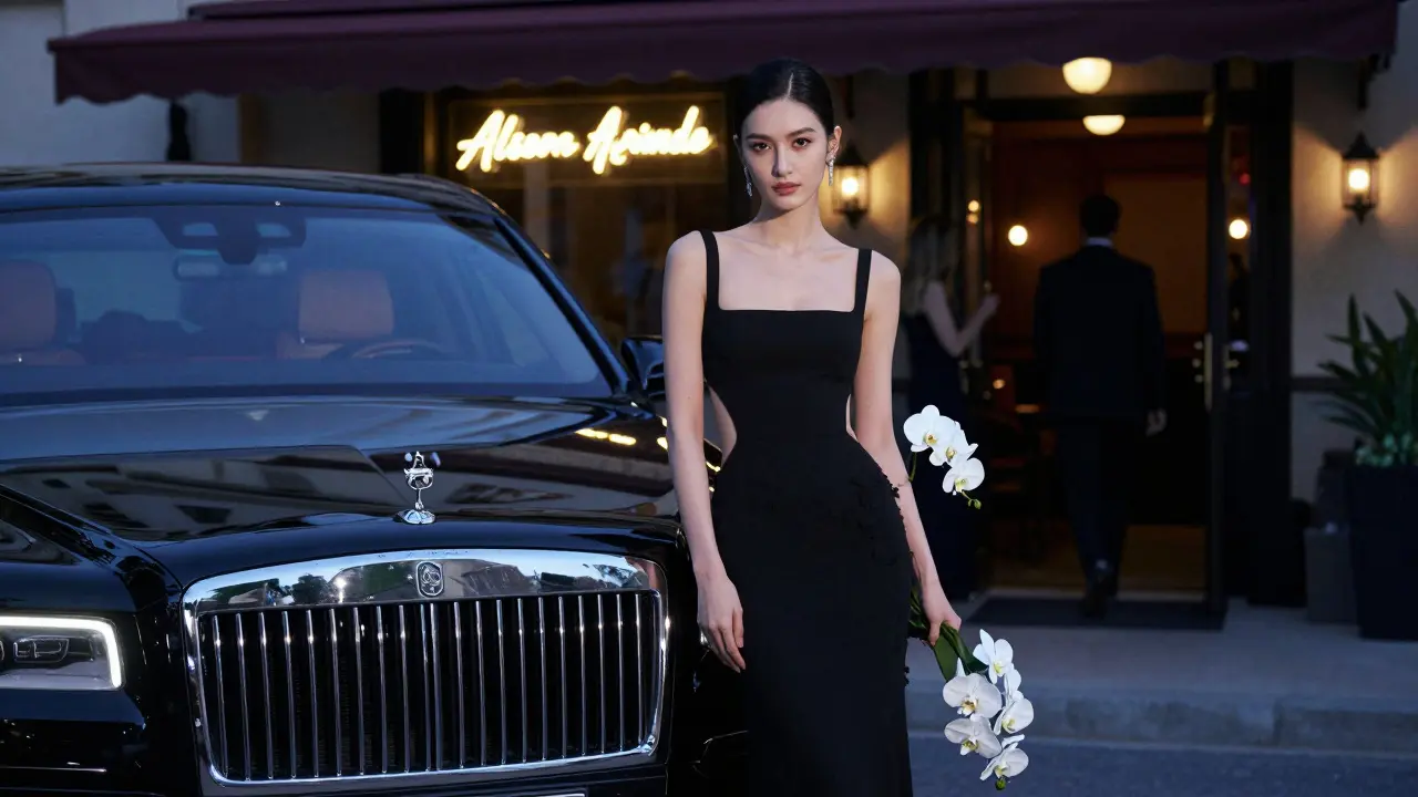 A stylish woman standing outside a jazz club in Alserkal Avenue, holding orchids at night.