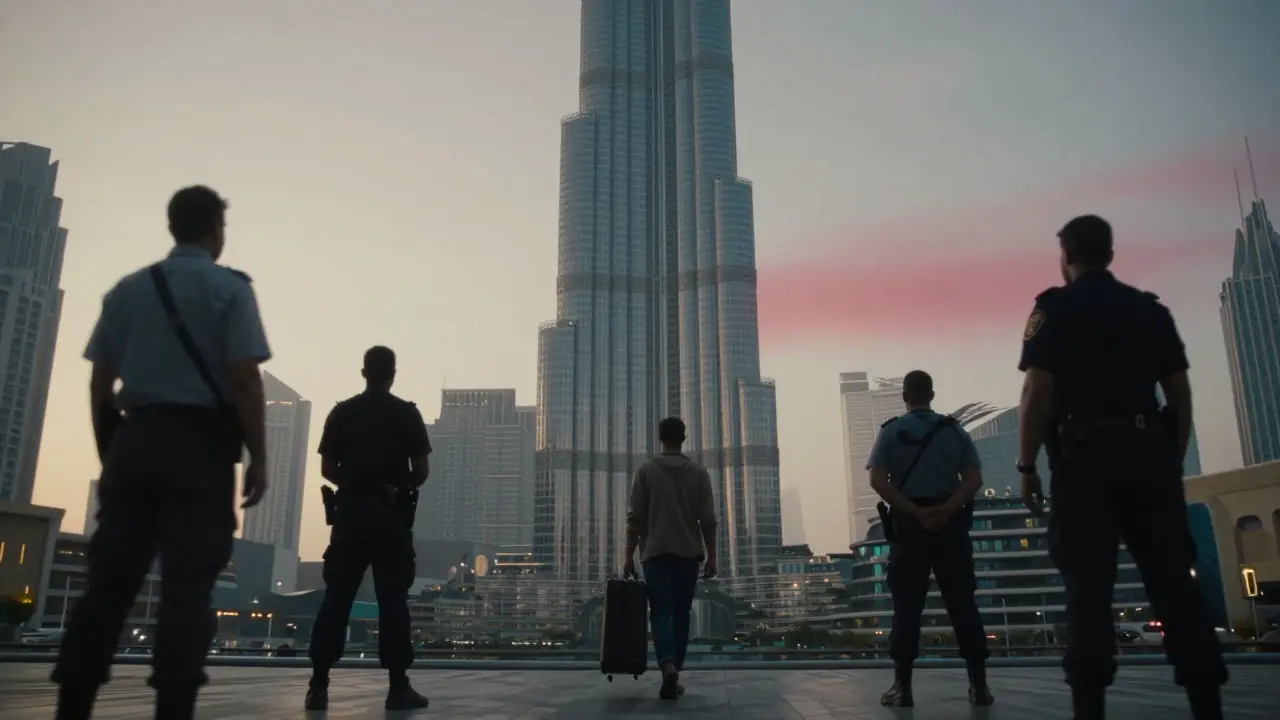 A survivor walking away from a luxury hotel at dawn as authorities ignore them, Burj Khalifa in background.