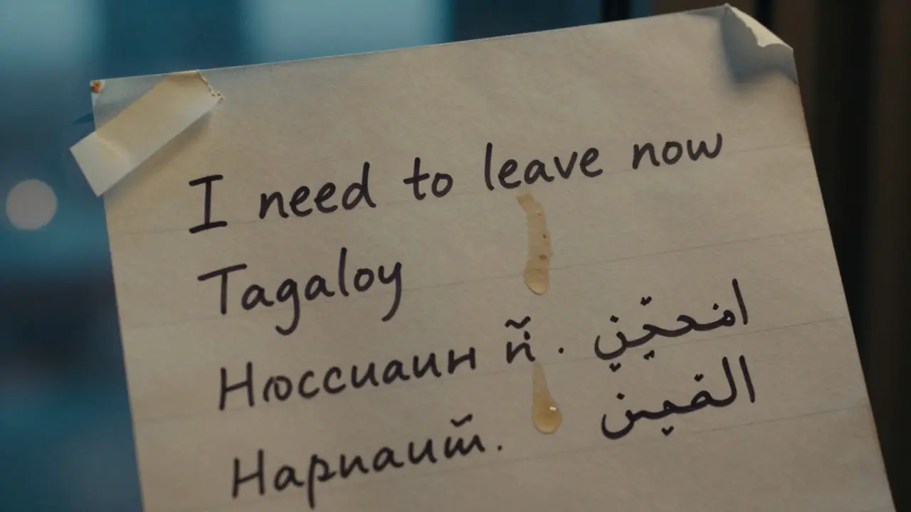 A tear-stained hotel notepad with handwritten multilingual phrases for safety and escape.