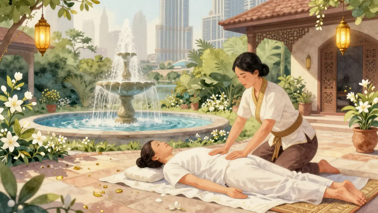 A Thai massage performed in a garden oasis with Arabic fountains and the Burj Khalifa in the distance.