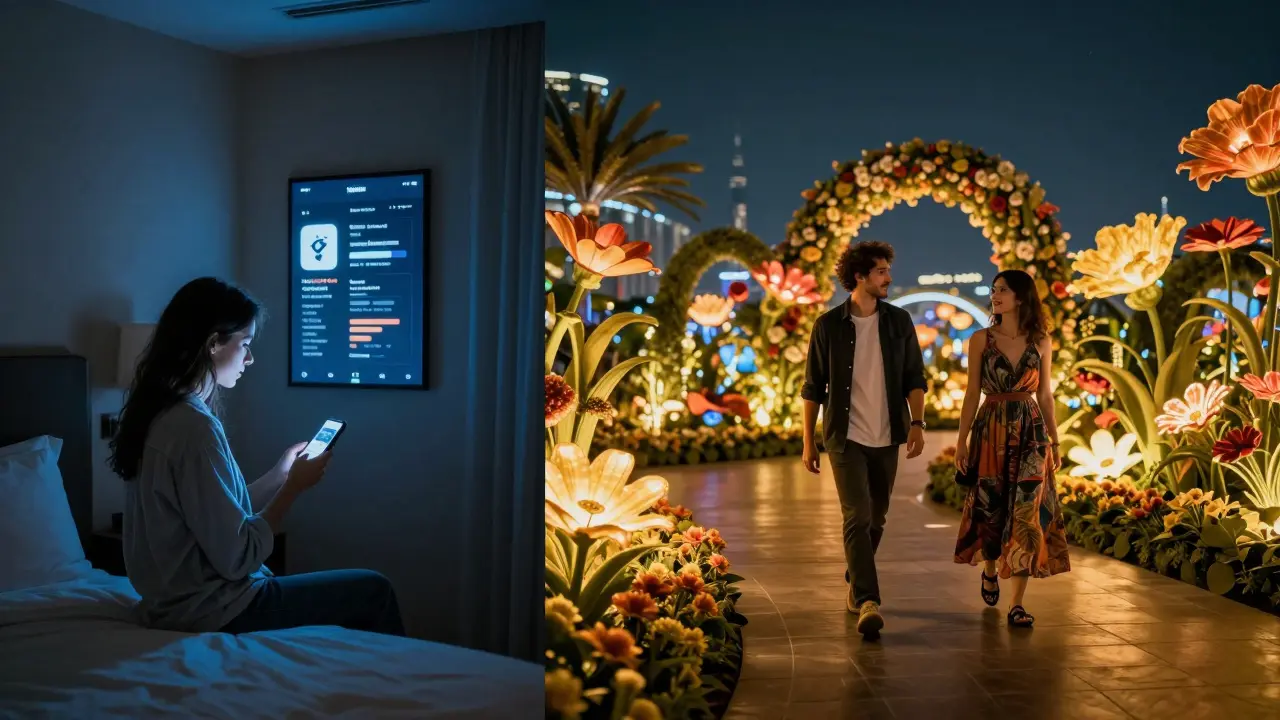 A traveler transitioning from loneliness in a hotel room to a magical night walk through glowing Dubai gardens with a companion.