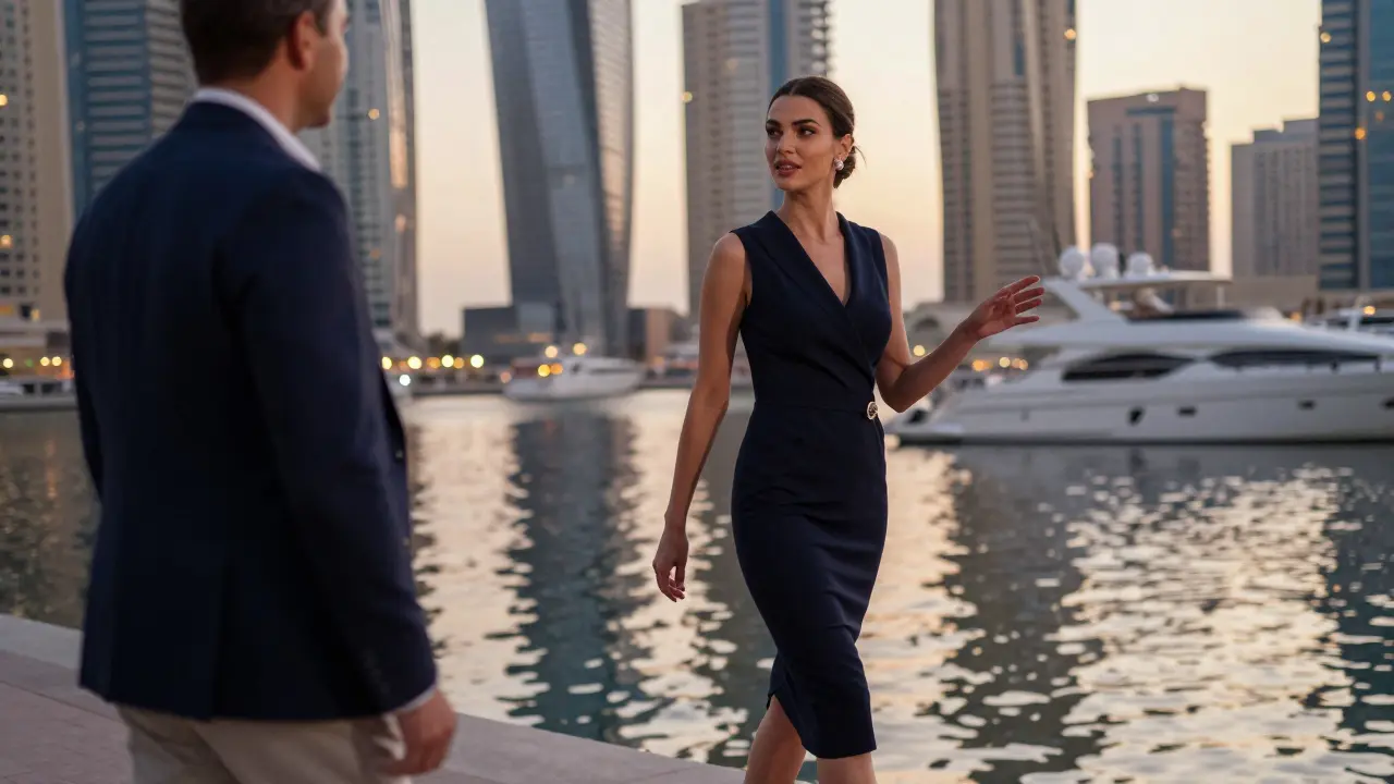 A well-dressed European woman and client walking along Dubai Marina at dusk, discussing quietly.
