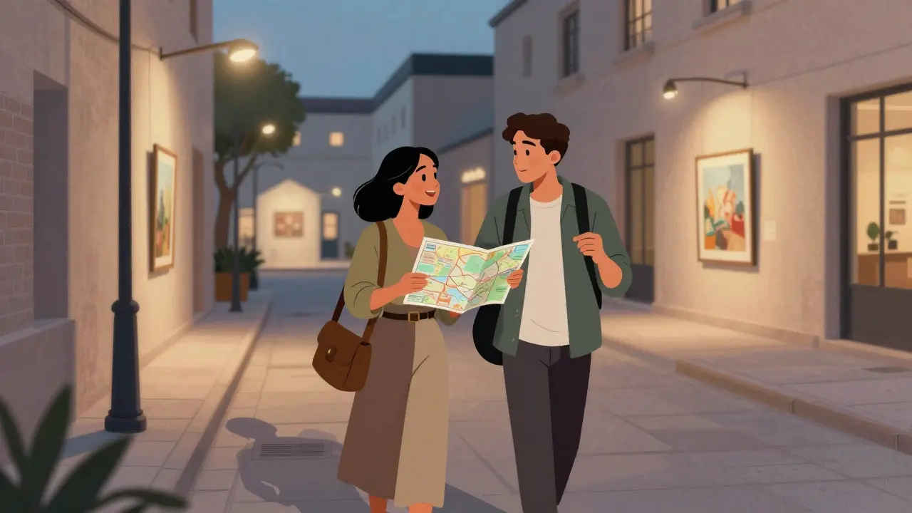 A woman and male companion explore art galleries in Alserkal Avenue at dusk, engaged in discussion.