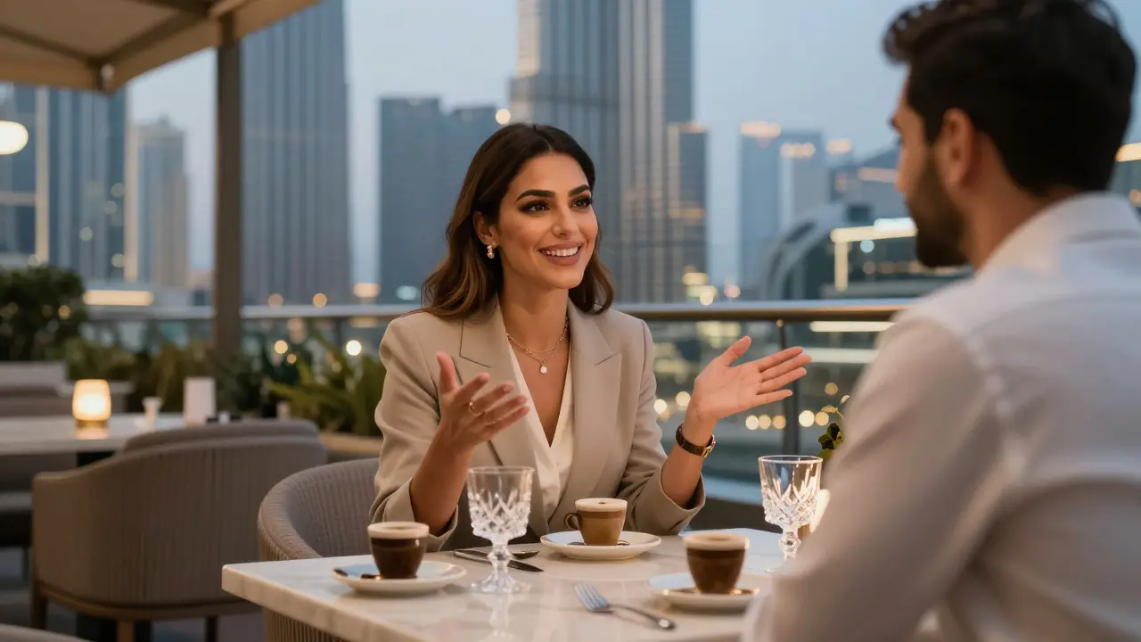 A woman and man share a quiet conversation at a rooftop café in Dubai, no physical contact.